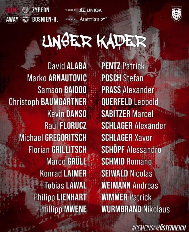 开云体育-奥地利大名单：阿拉巴领衔，萨比策、莱默尔、阿瑙、丹索入选